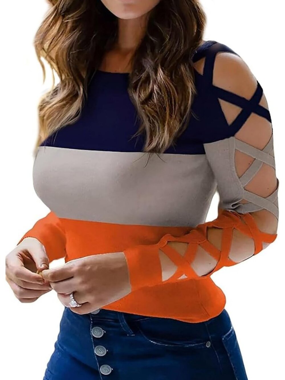 Women's Multicolor Shoulder Crisscross Cutout Long Sleeve Fitted Top